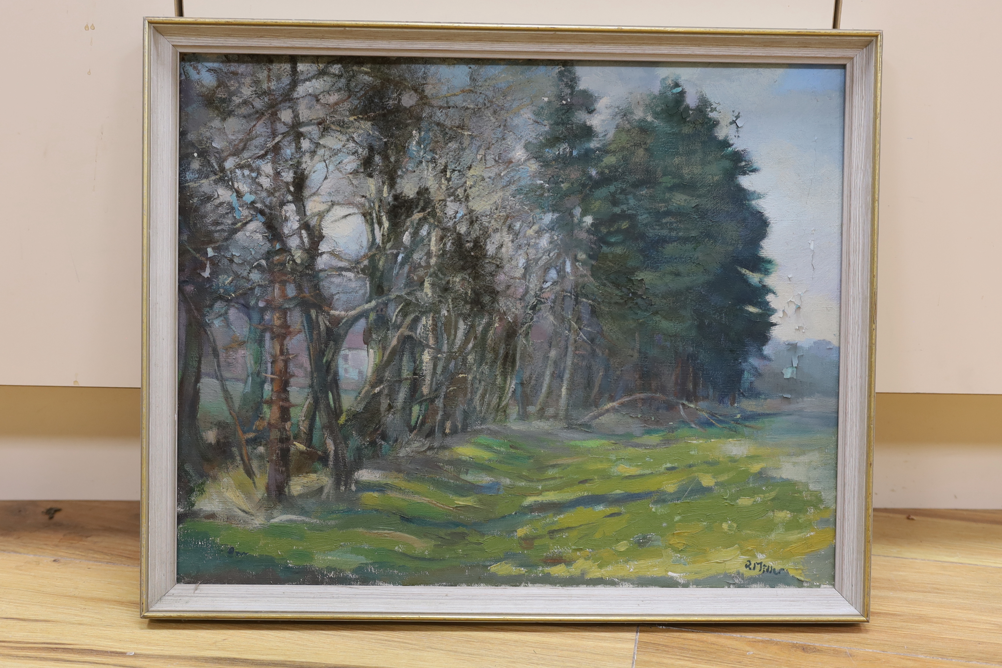 R. Miller, oil on canvas, Tree-lined pathway, signed, 39 x 49cm